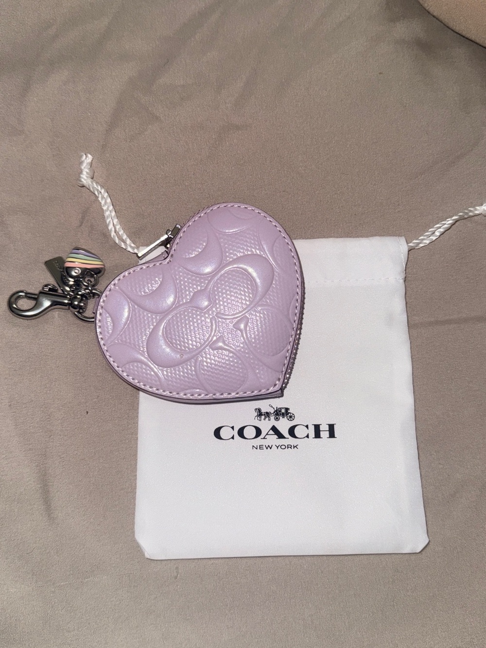 COACH Lilac Heart Zip Key Pouch with Charm Clip